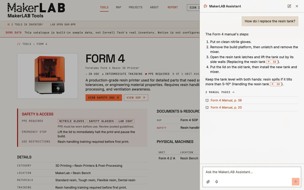 An answer about replacing the Form 4's resin tank, with page references 38 and 20 and a list of the two manual pages it used.