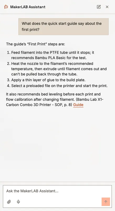 The assistant's answer about the X1-Carbon's first print: four steps from the quick start guide, citing page 8.