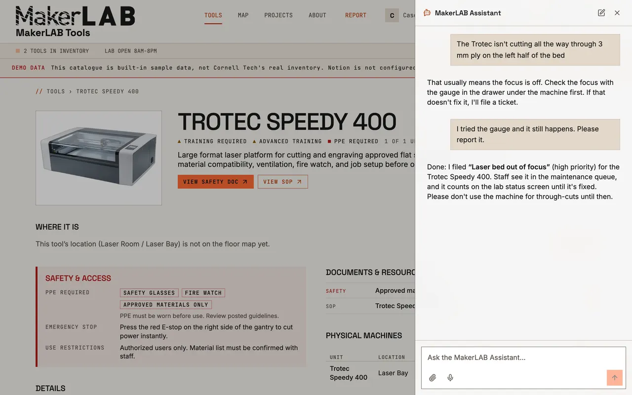 A chat on the Trotec Speedy 400's page: the assistant suggests checking the focus, then files a high-priority ticket.