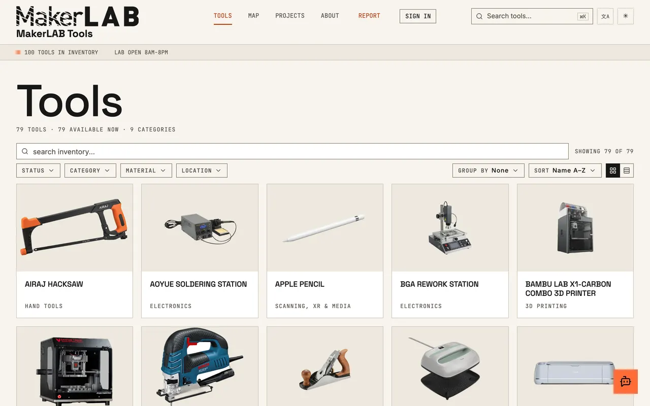 The tools gallery: a search box, filters and tool cards with photos.
