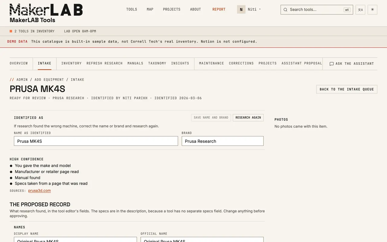The review page for a researched Prusa MK4S: identified name and brand, a high-confidence grade with its reasons and sources, and the proposed record.