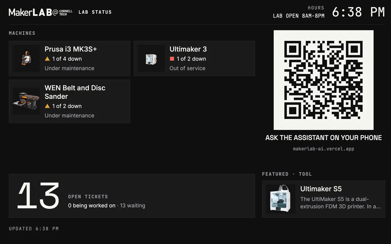 The lab status screen: three machines with units down, 13 open tickets, the hours, a QR code and a featured tool.