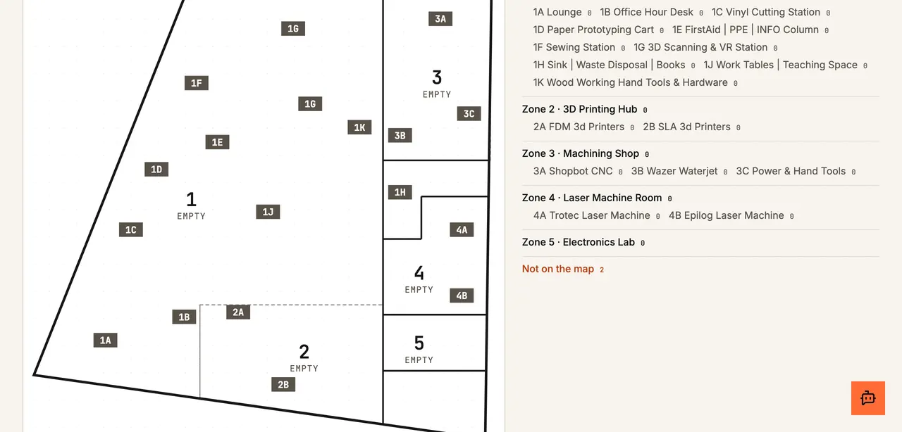 The floor map: the lab's five zones and their stations, with a list of places beside the plan.