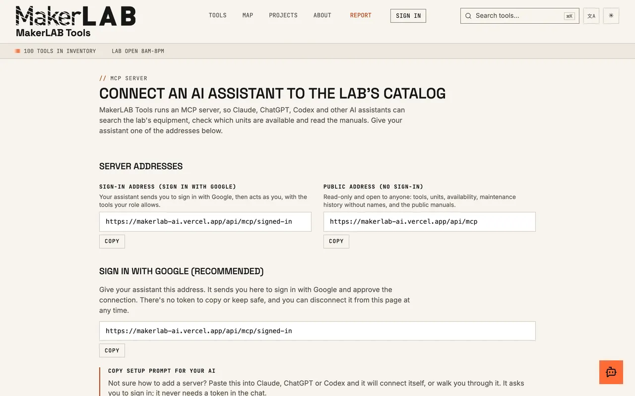 The MCP server page: the address to add, how to sign in, and every tool the server offers.