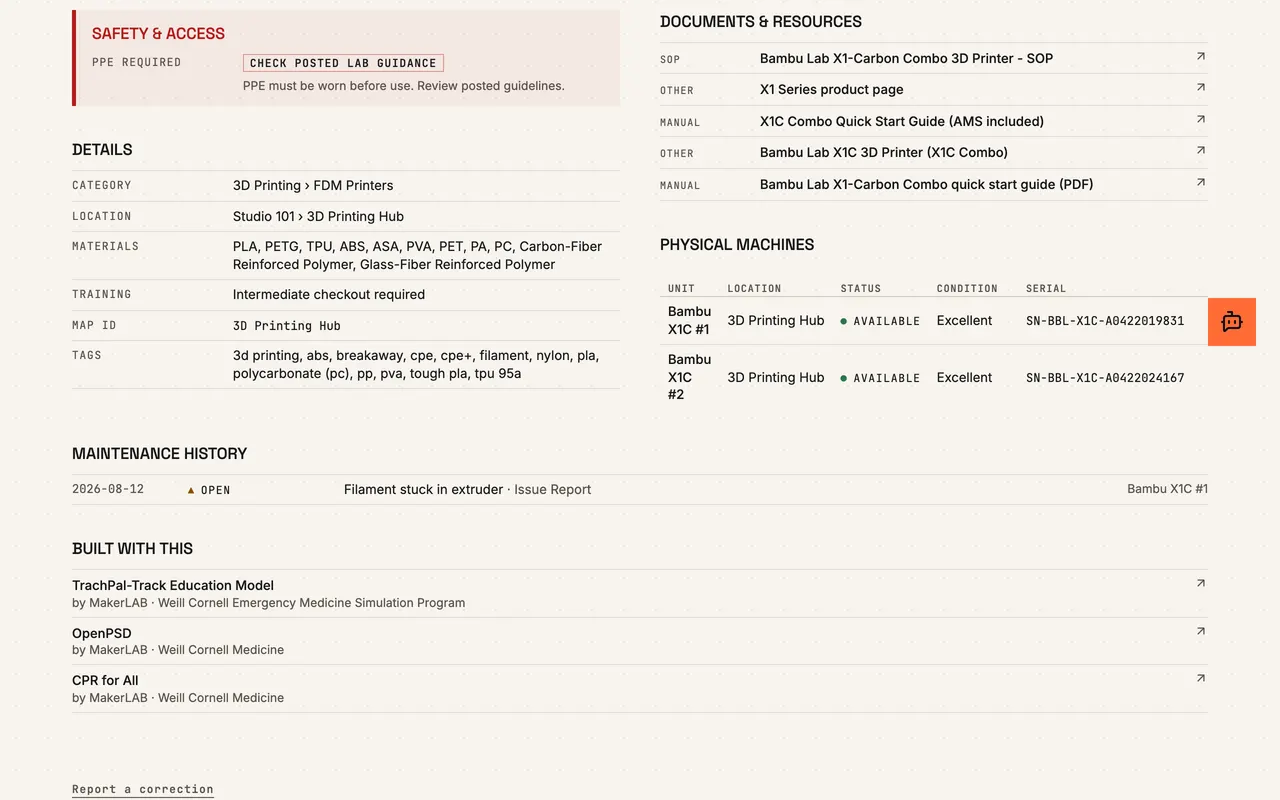 The X1-Carbon's tool page with its safety panel, details, documents and units.
