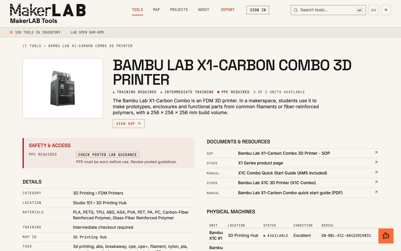 The Bambu Lab X1-Carbon's tool page in MakerLAB Tools: its photo, training and PPE requirements, safety panel, details, documents and the two units in the lab.